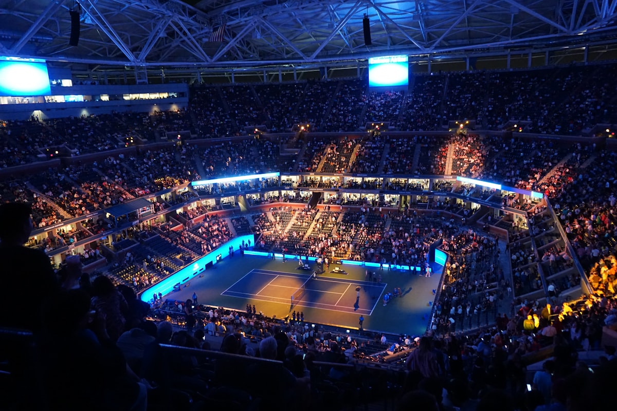 Tennis court seen from the spectator stands